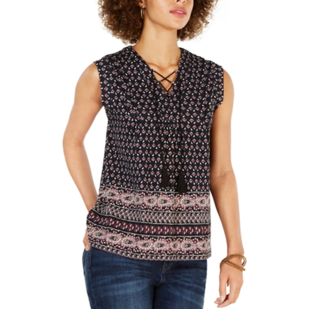 Style & Co. Womens Lace-Up Peasant Blouse